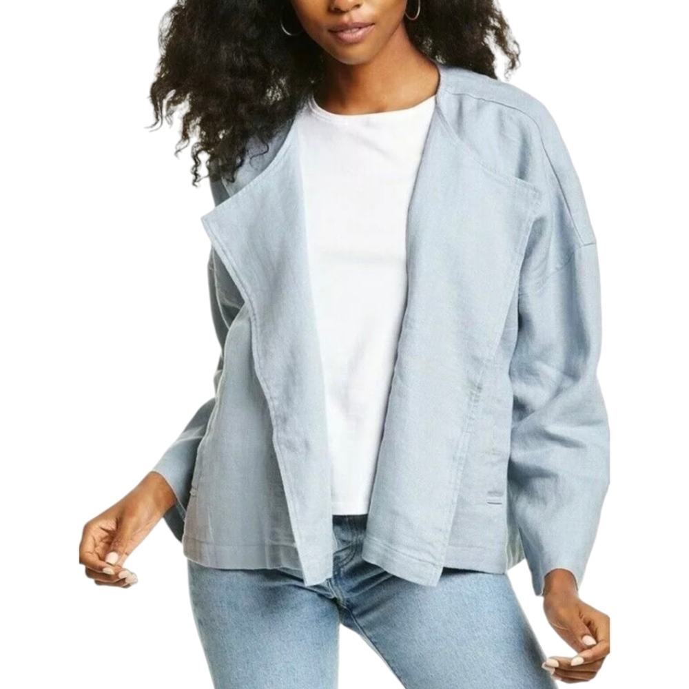 EILEEN FISHER Heavy Linen Drape Front Oversized Organic Jacket Sz XL Blue Dawn